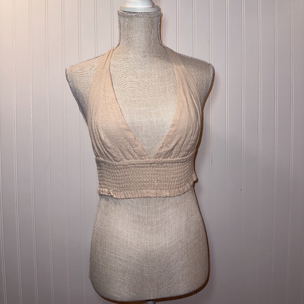 Neutral Cropped Tie Neck Top